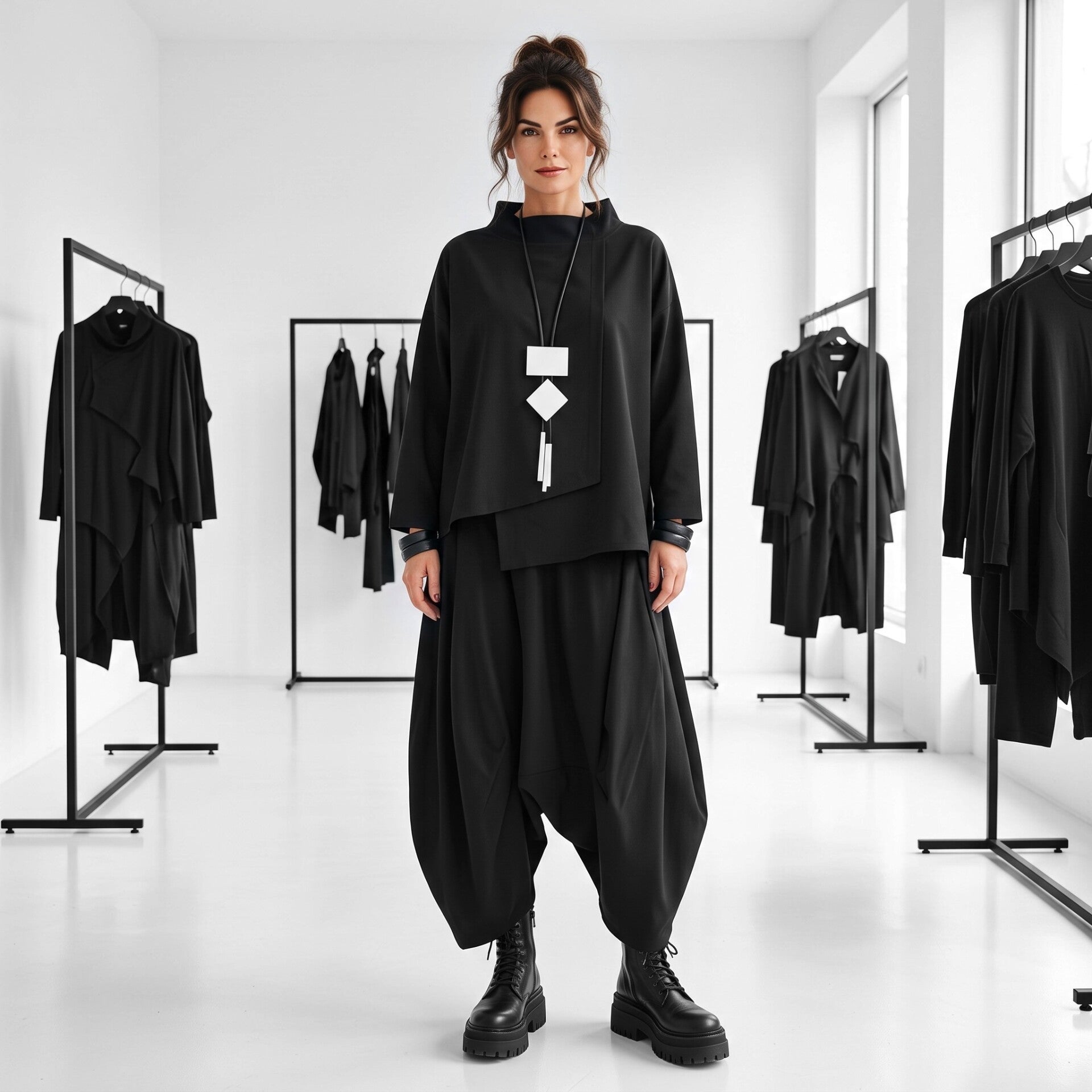 Eine attraktive Frau steht in einem hellen Geschäft und präsentiert ein stylishes,  asymmetrisches, ärmellosees Kleid in schwarz 
