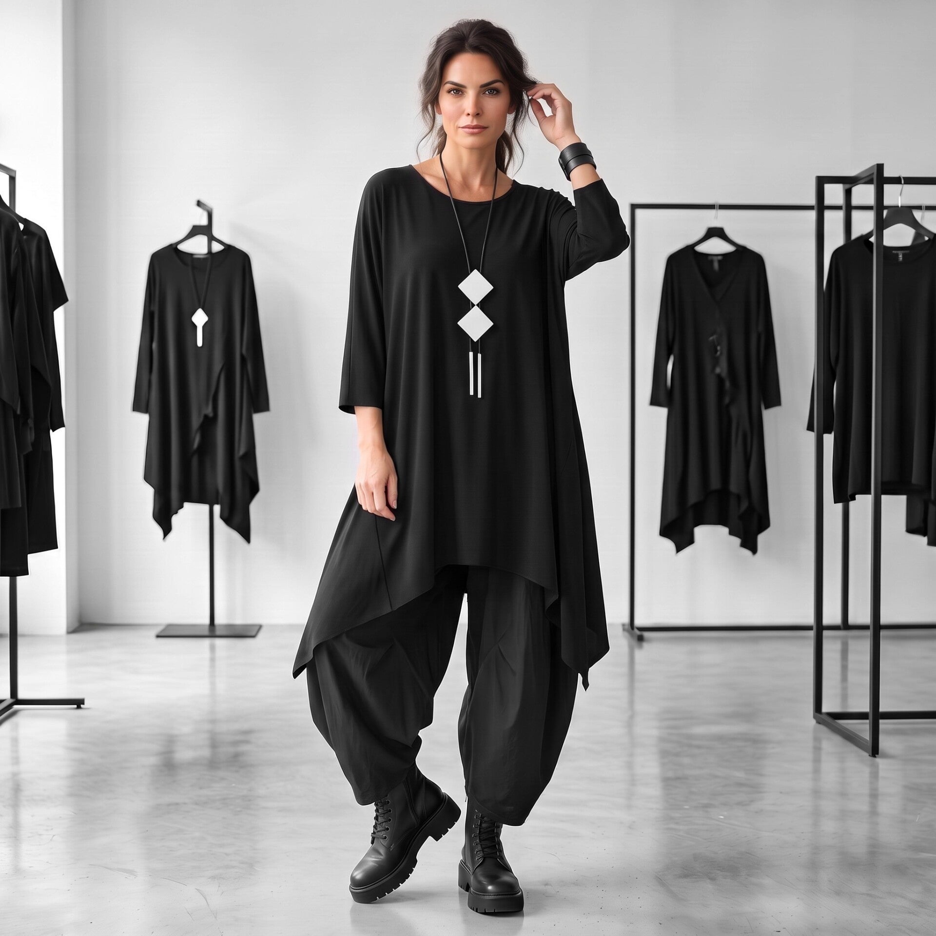 Ein Model trägt eine luftig und weit geschnittene, schwarze Kombination im modischen oversize Look