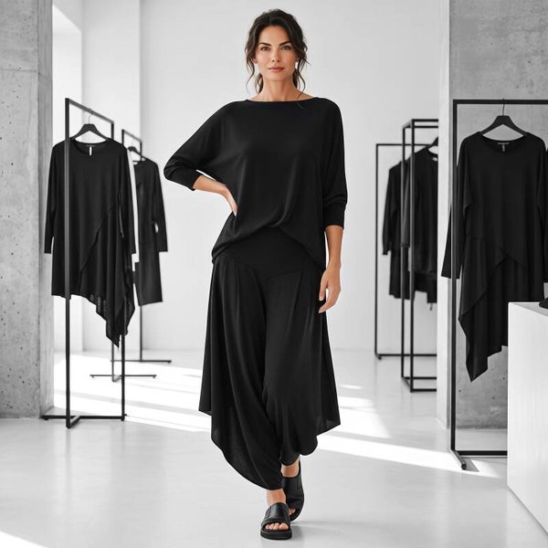extravagante Hose "magna" mit Gummibund und seitlichen Zipfeln in schwarz