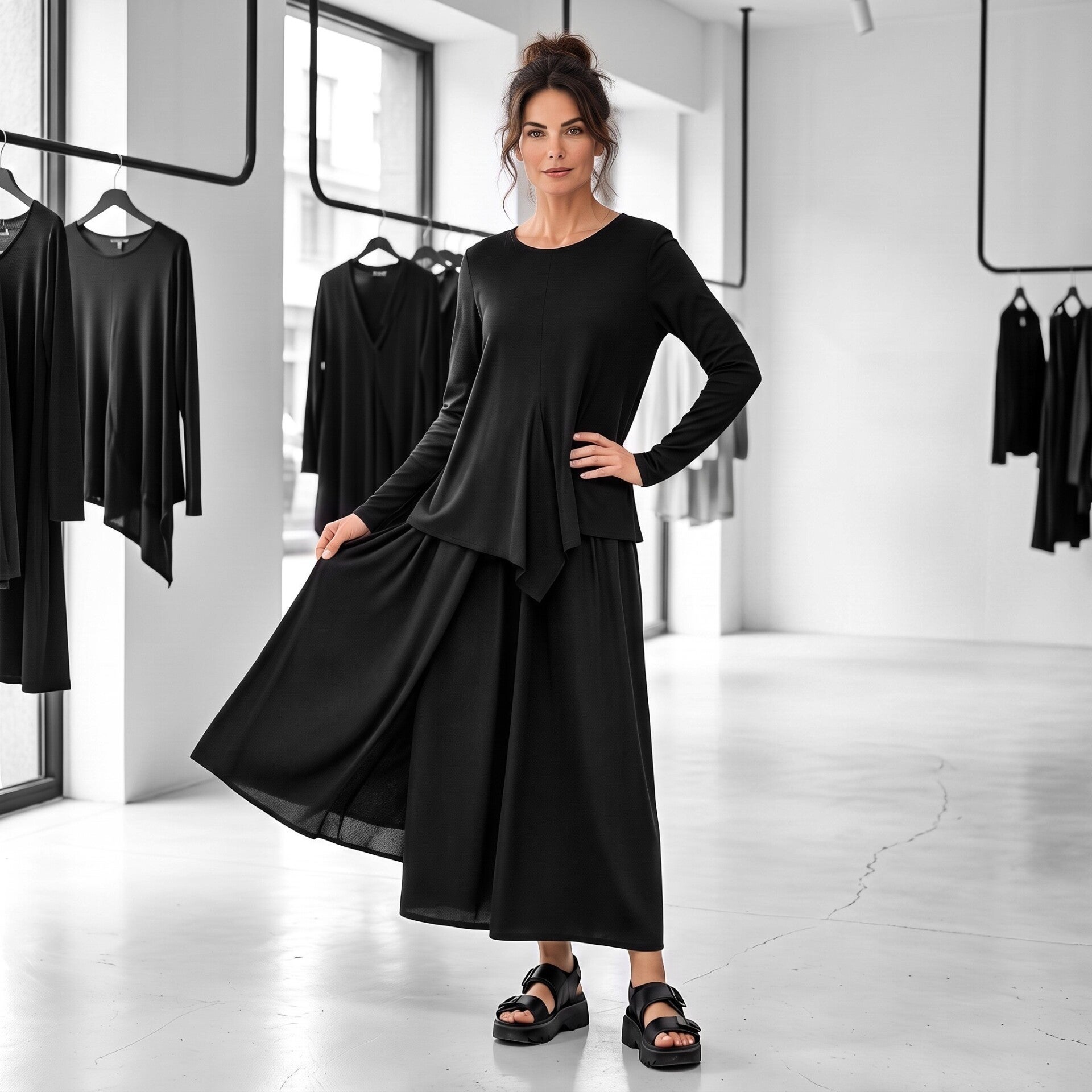 Oberteil in A-Linie mit zipfeligem Verlauf in schwarz