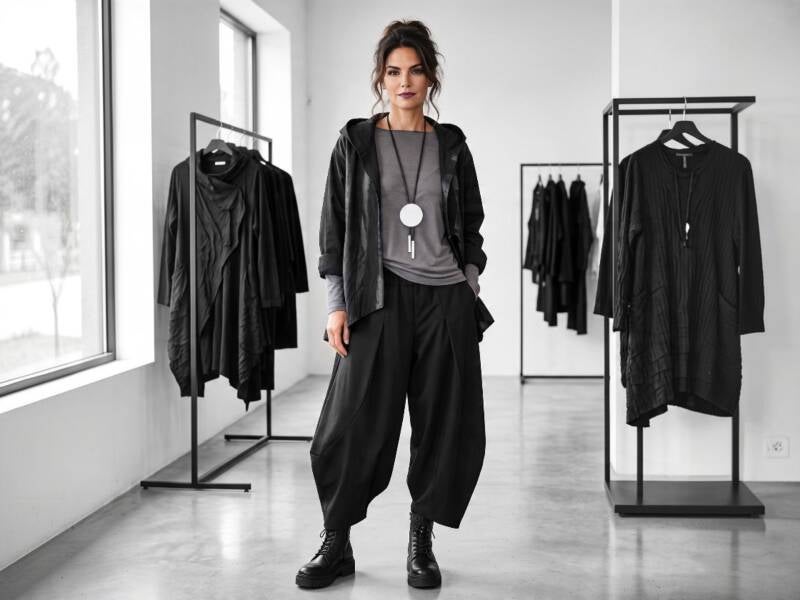 Eine attraktive Frau steht in einer Boutique und präsentiert ein extravagantes outfit