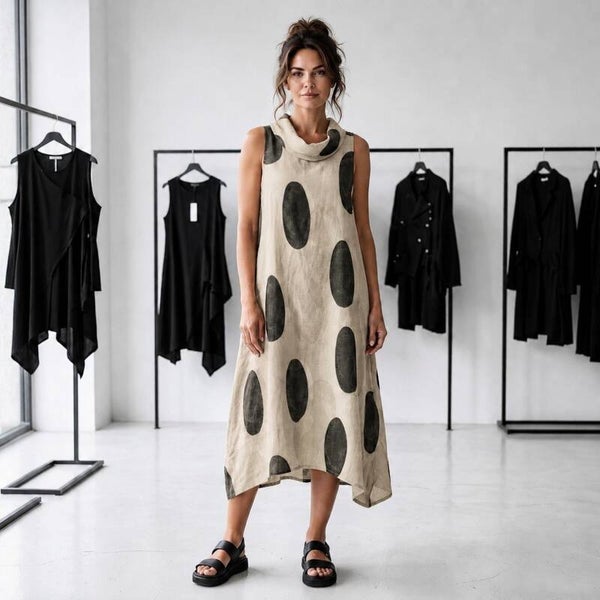Leinen Kleid "big dots" in leicht ausgestellter A-Linie mit apartem Kragen in sandfarben