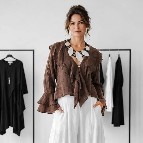 Leinen Bluse "Limbo" mit Volants in braun