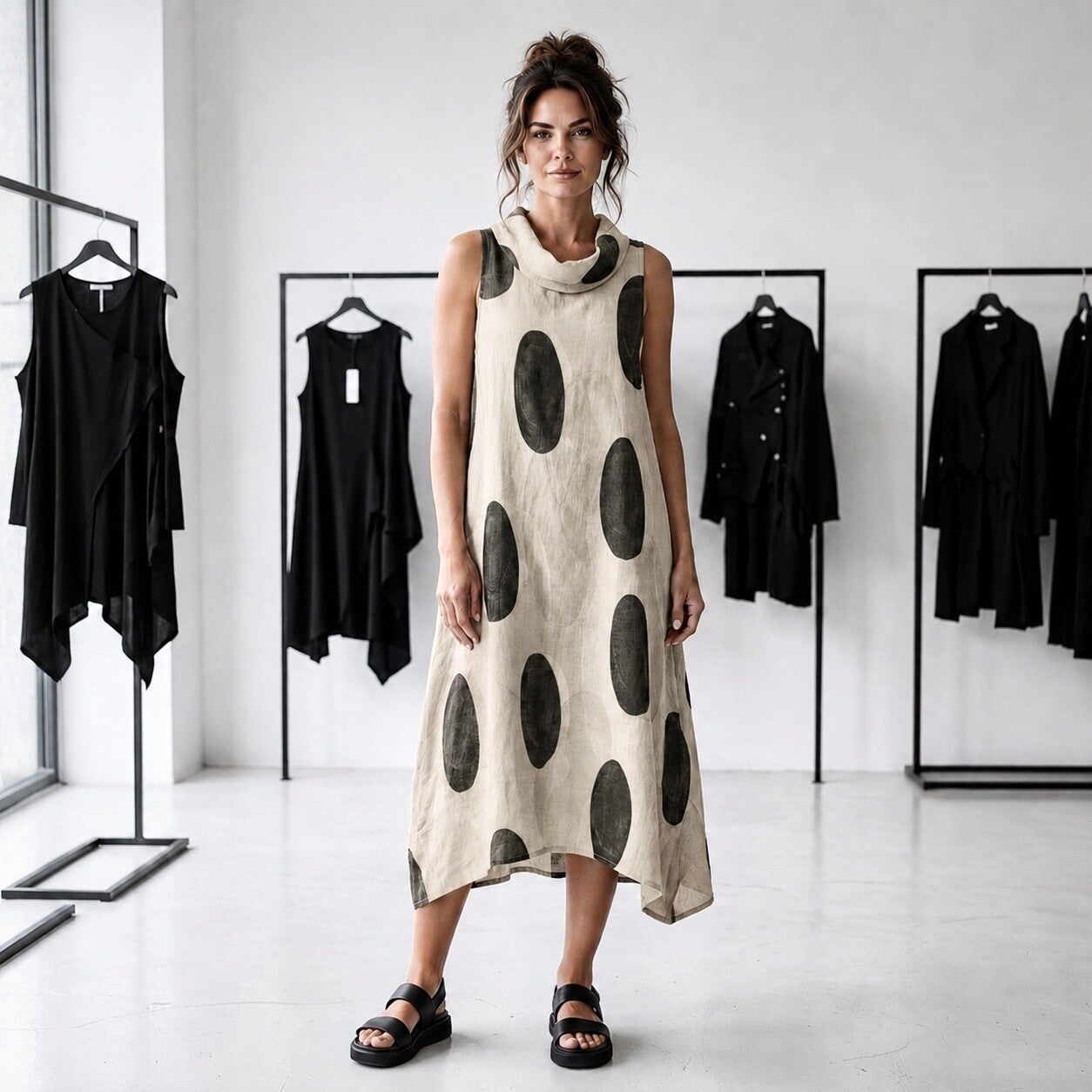 Leinen Kleid "big dots" in leicht ausgestellter A-Linie mit apartem Kragen in sandfarben