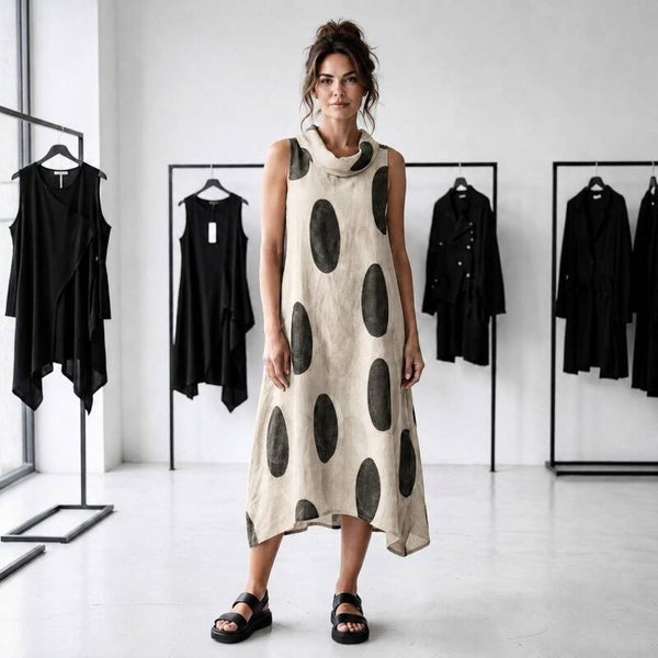 Leinen Kleid "big dots" in leicht ausgestellter A-Linie mit apartem Kragen in sandfarben