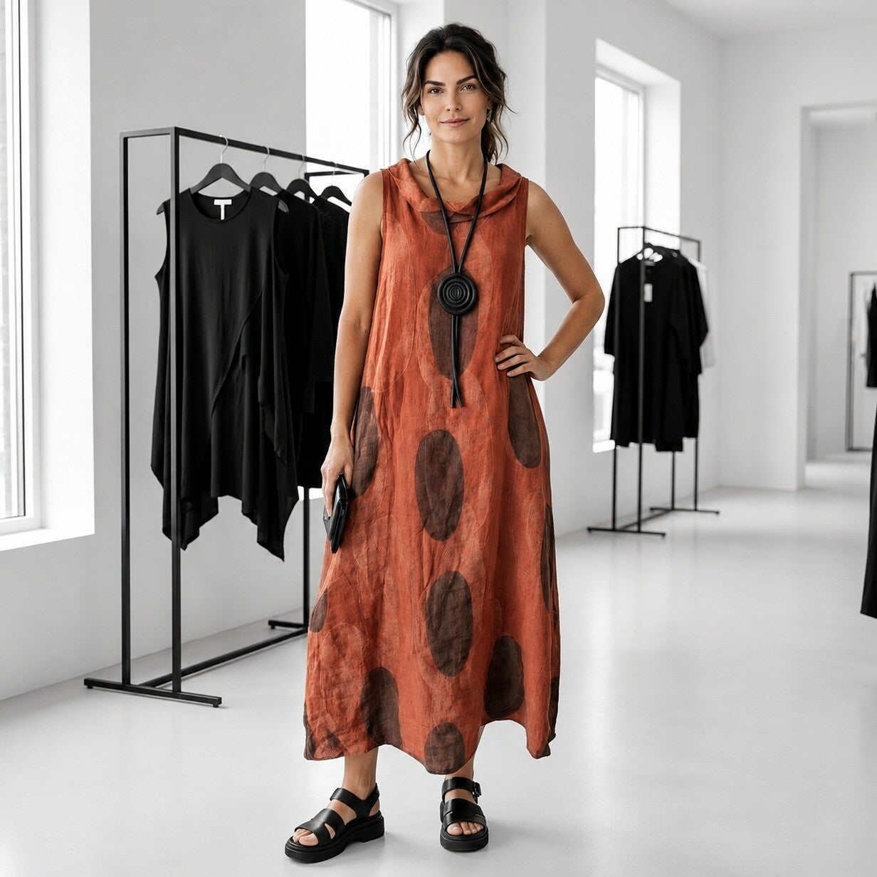 Leinen Kleid "big dots" in leicht ausgestellter A-Linie mit apartem Kragen in rostorange