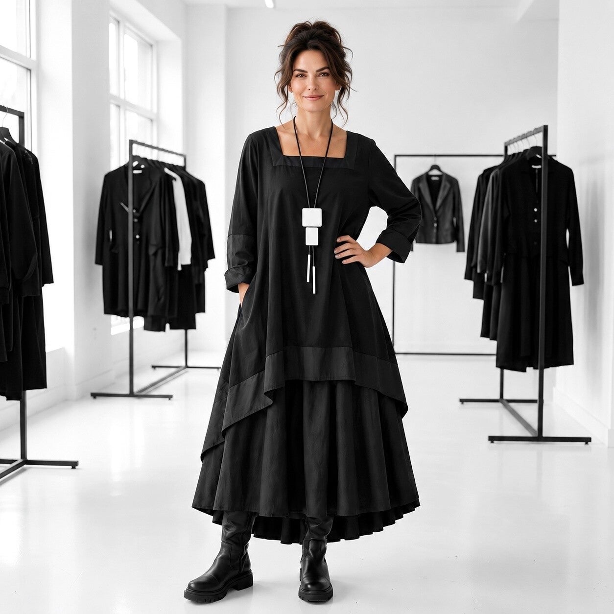 Ein Model steht in einem exklusiven Modegeschäft und präsentiert eine schwarzes, sehr elegantes Kostüm aua edlem Taftmaterial