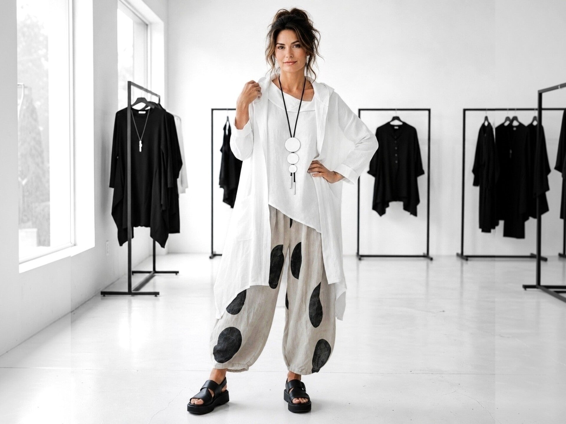 Eine attraktive Frau in Mitte der 40ziger Jahre steht in einer extravaganten Boutique und präsentiert eine lässige writ geschnittene Leinen Kombination in weiß und sandfarben.