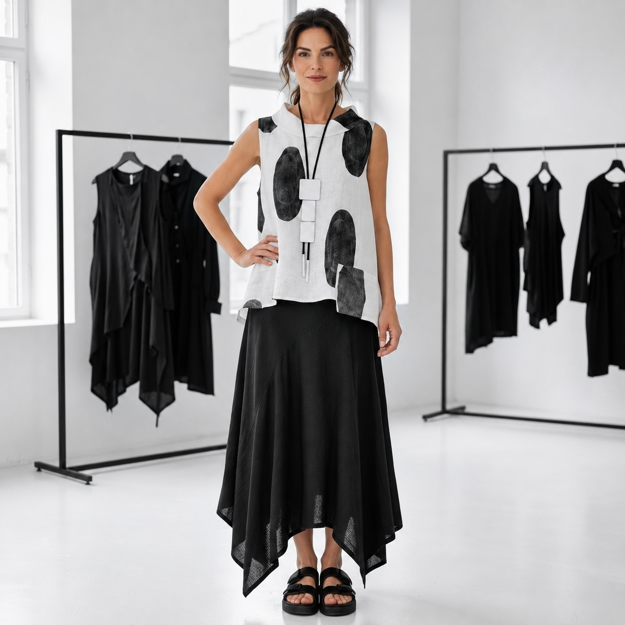 Leinen Top "big dots" in A-Linie und Taschen in weiß