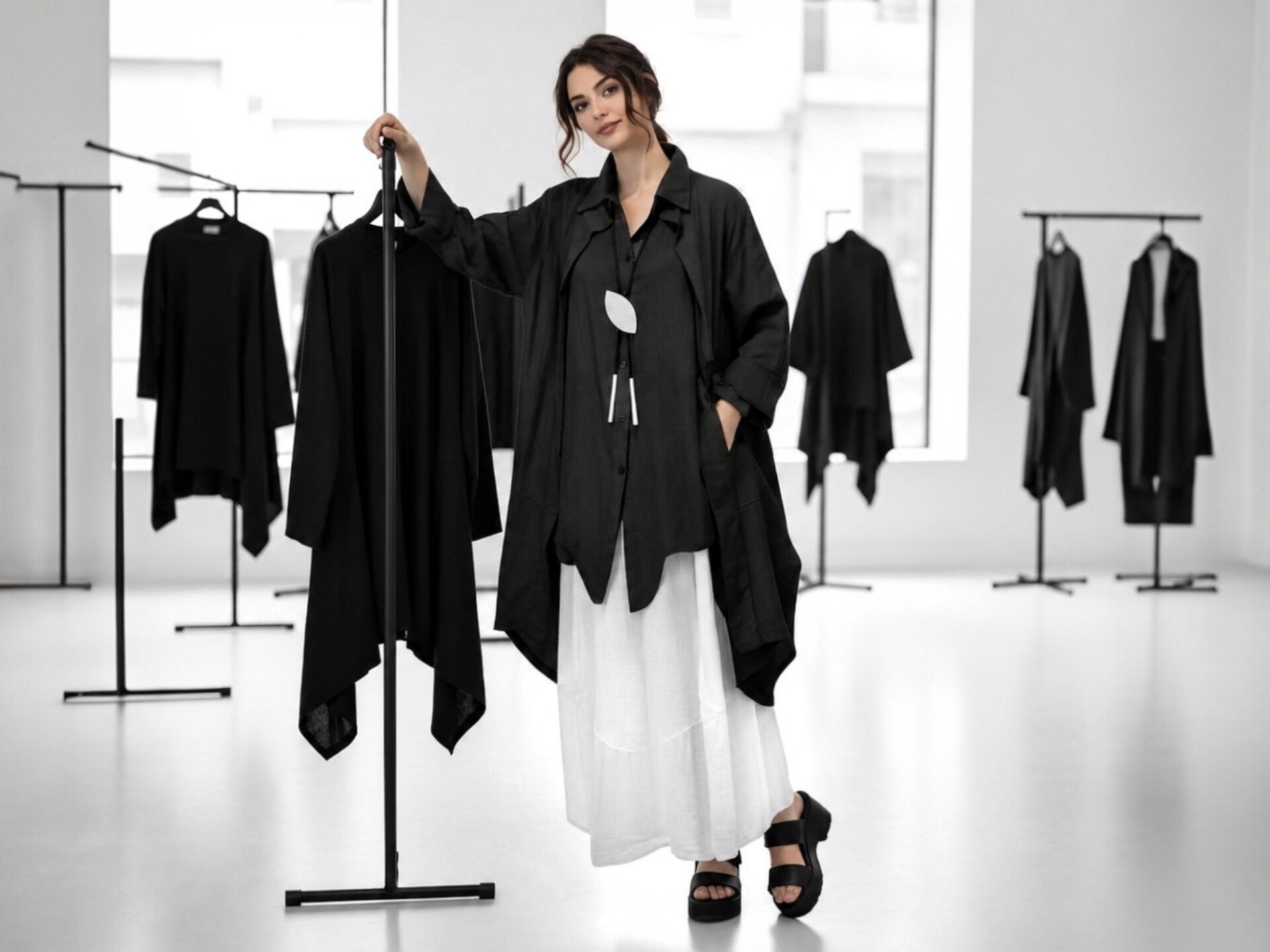 Eine sehr stilvoll gekleidete junge Frau steht erwartungsvoll in einer Boutique. Sie trägt ein sportives Outfit im modischen schwarz-weiß Look