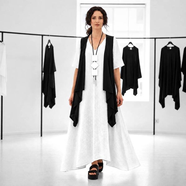 stylishe Weste "magna" in A-Linie mit Wasserfallkragen in schwarz