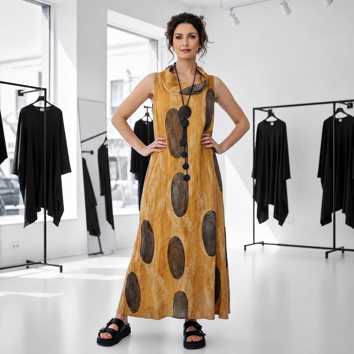 Leinen Kleid "big dots" in leicht ausgestellter A-Linie mit apartem Kragen in maisgelb