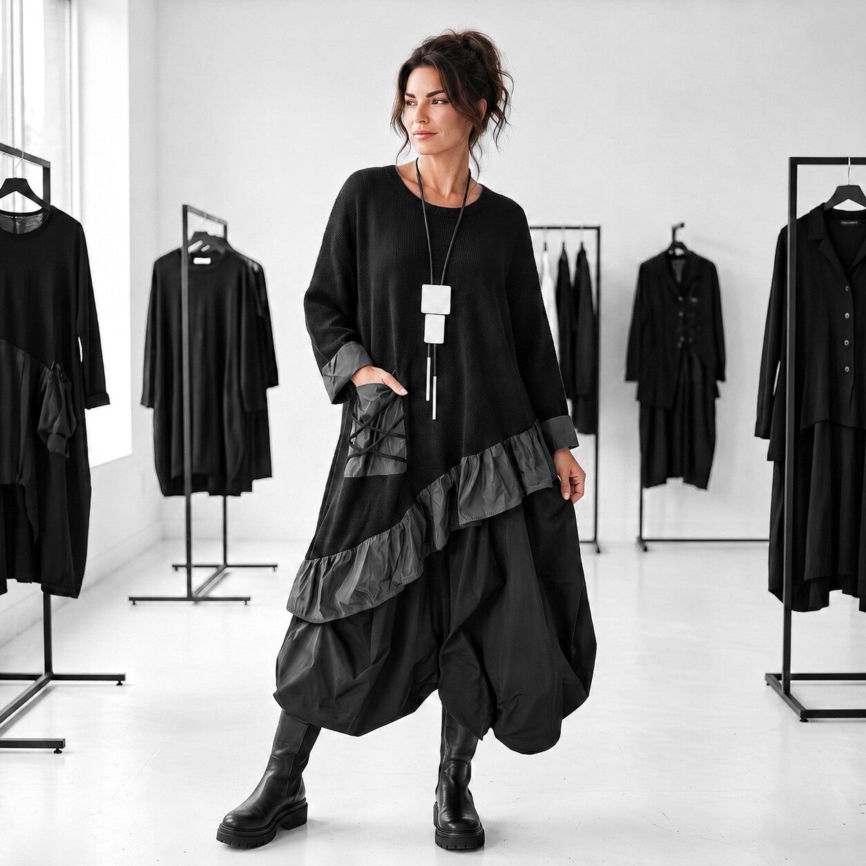 Baumwoll Strick Pulli in A-Linie mit Ansätzen aus Memory Taft in schwarz
