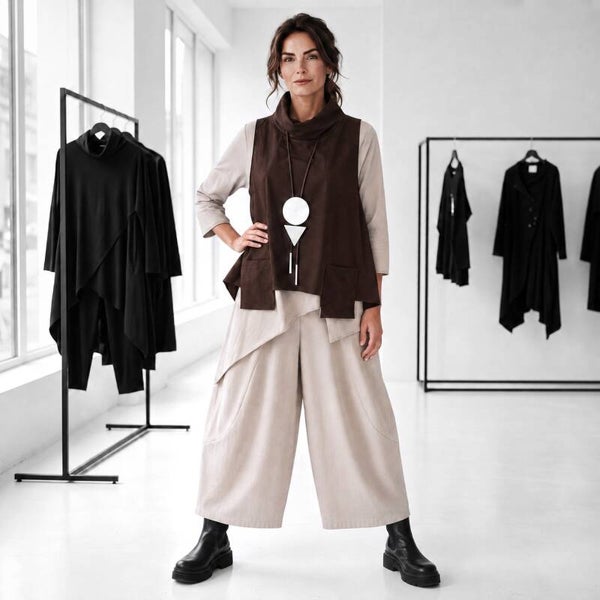 H/W Weste mit kleinem Kragen und Ziertäschchen in schoko