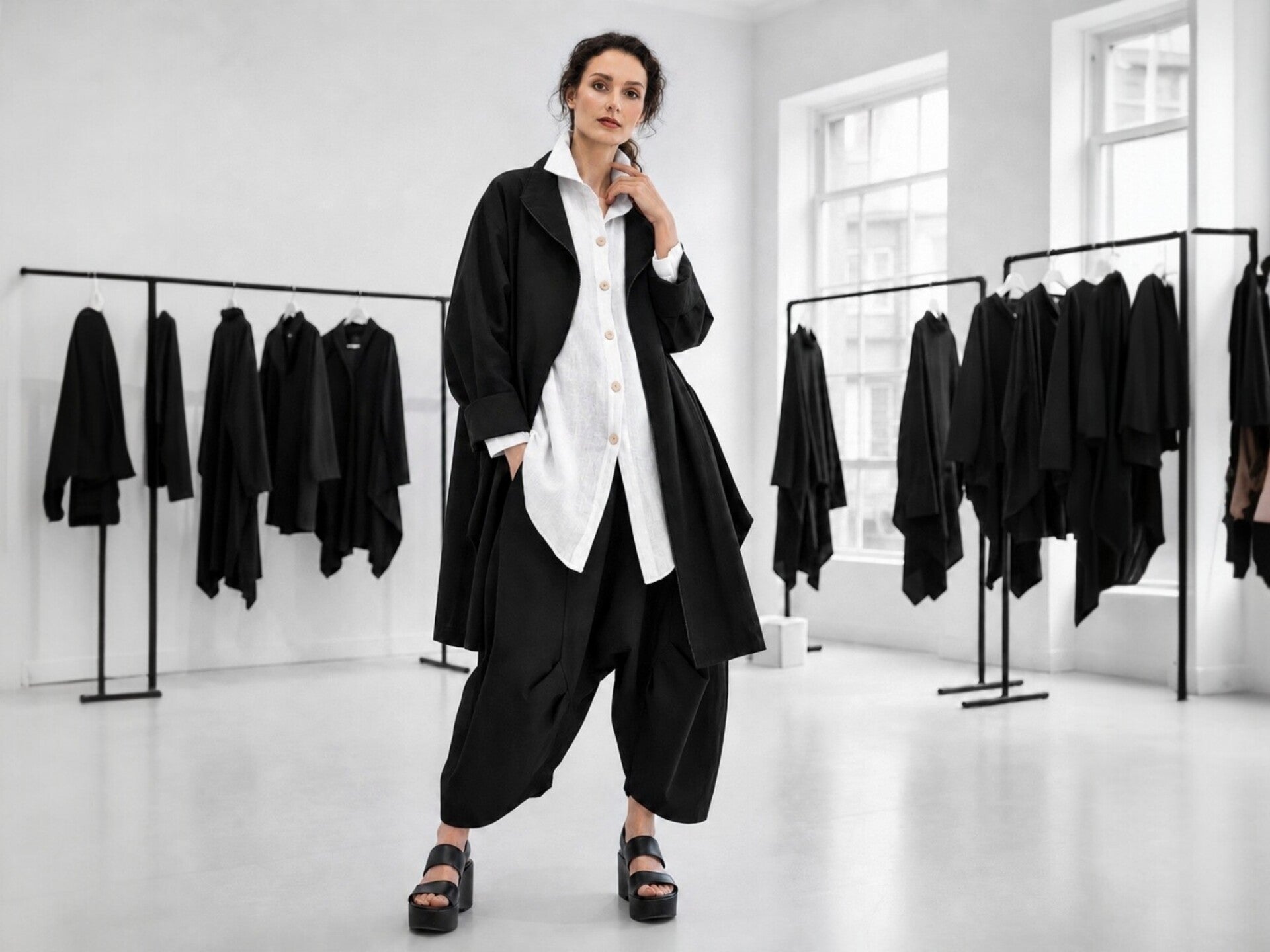Eine modern gekleidete Frau sitzt auf einem weißen Hocker in einem eleganten Modegeschäft.  Die Frau trägt einen weiten,  schwarz-weißen Pulli und dazu eine weite schwarze Leinenhose, dazu kombiniert sie schwarze Sandalen mit dicker Sohle