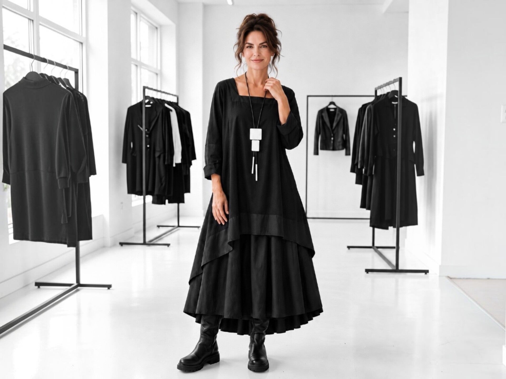 Eine junge, hübsche Frau steht in extravaganter Model Pose in einem Modegeschäft und präsentiert ein edles Outfit in schwarz.
