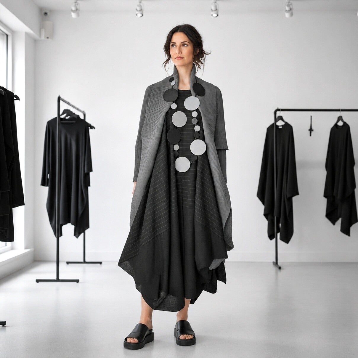 extravagantes Kleid im Avantgarde Style in topaktuellen Streifen-Look