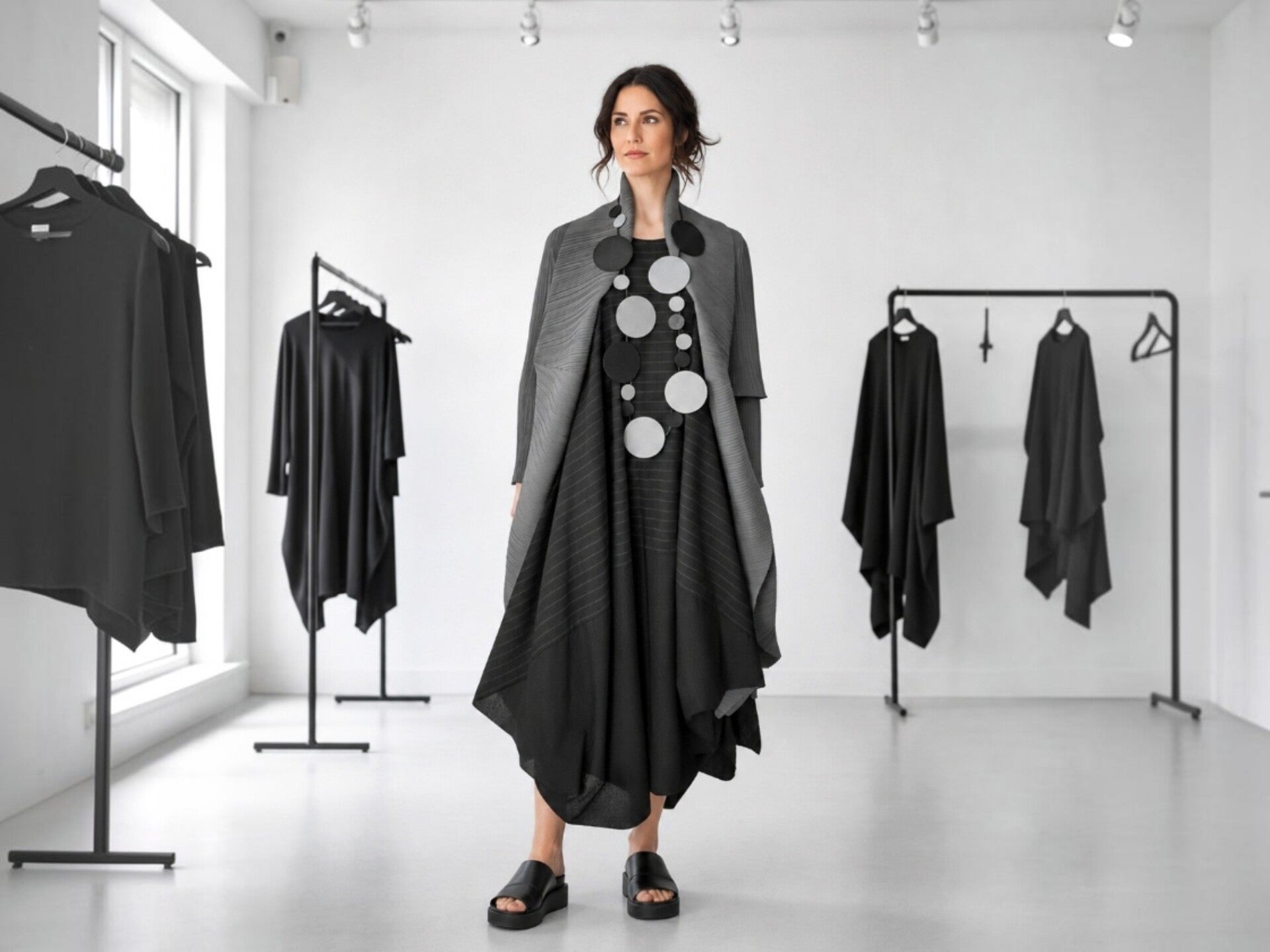 Ein Model trägt ein langes in A -Form geschnittenes , rotes Leinen Kleid mit apartem V-Ausschnitt