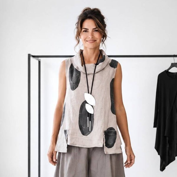 Leinen Top "big dots" in A-Linie und Taschen in sandfarben