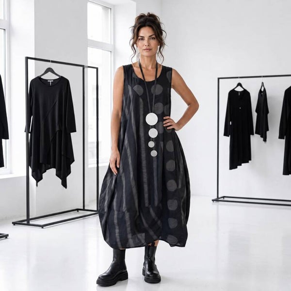 ärmellloses Kleid "stripes & dots" in modischer Tulpenform in anthrazit gemustert