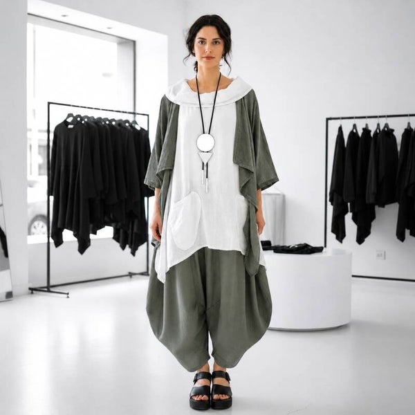 extravagante leichte Baumwoll-Hose "Yuki" mit Gummibund in salbeigrün