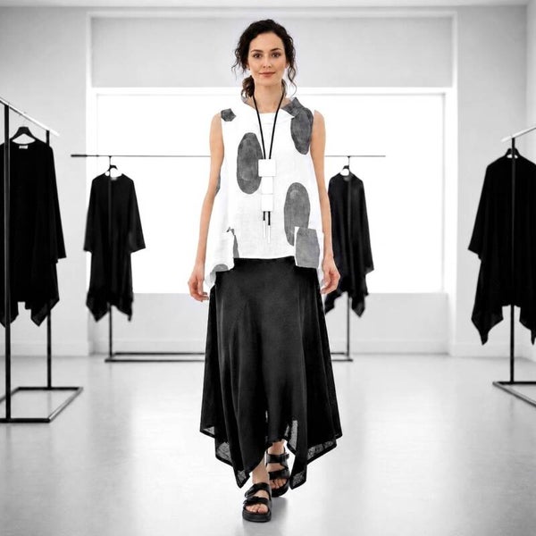 Leinen Top "big dots" in A-Linie und Taschen in weiß