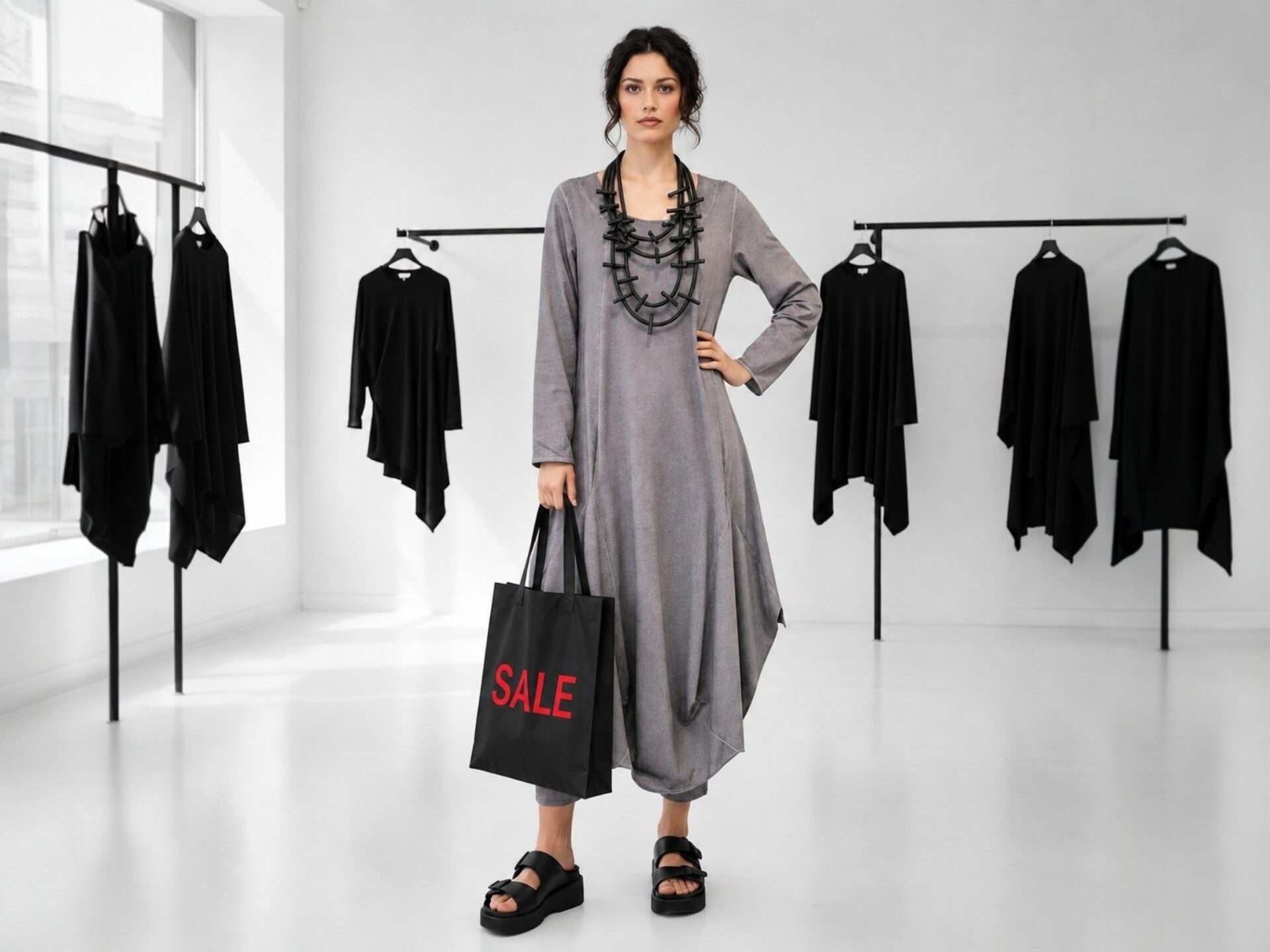 Eine elegant gekleidete Dame steht in einem hellen Modegeschäft und probiert extravagante Mode an
