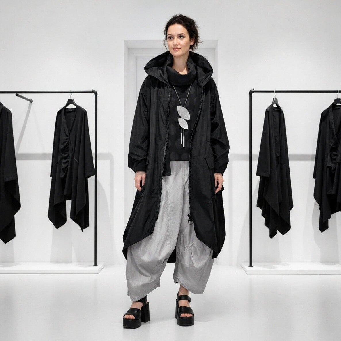 Oversize Mantel mit großen Taschen und Kapuze in schwarz