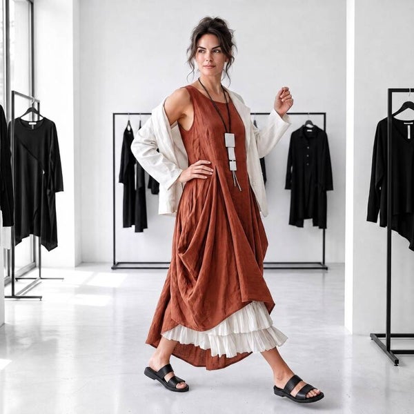 Leinen Kleid "Nepal"  in lässiger Tulpenform in rostorange