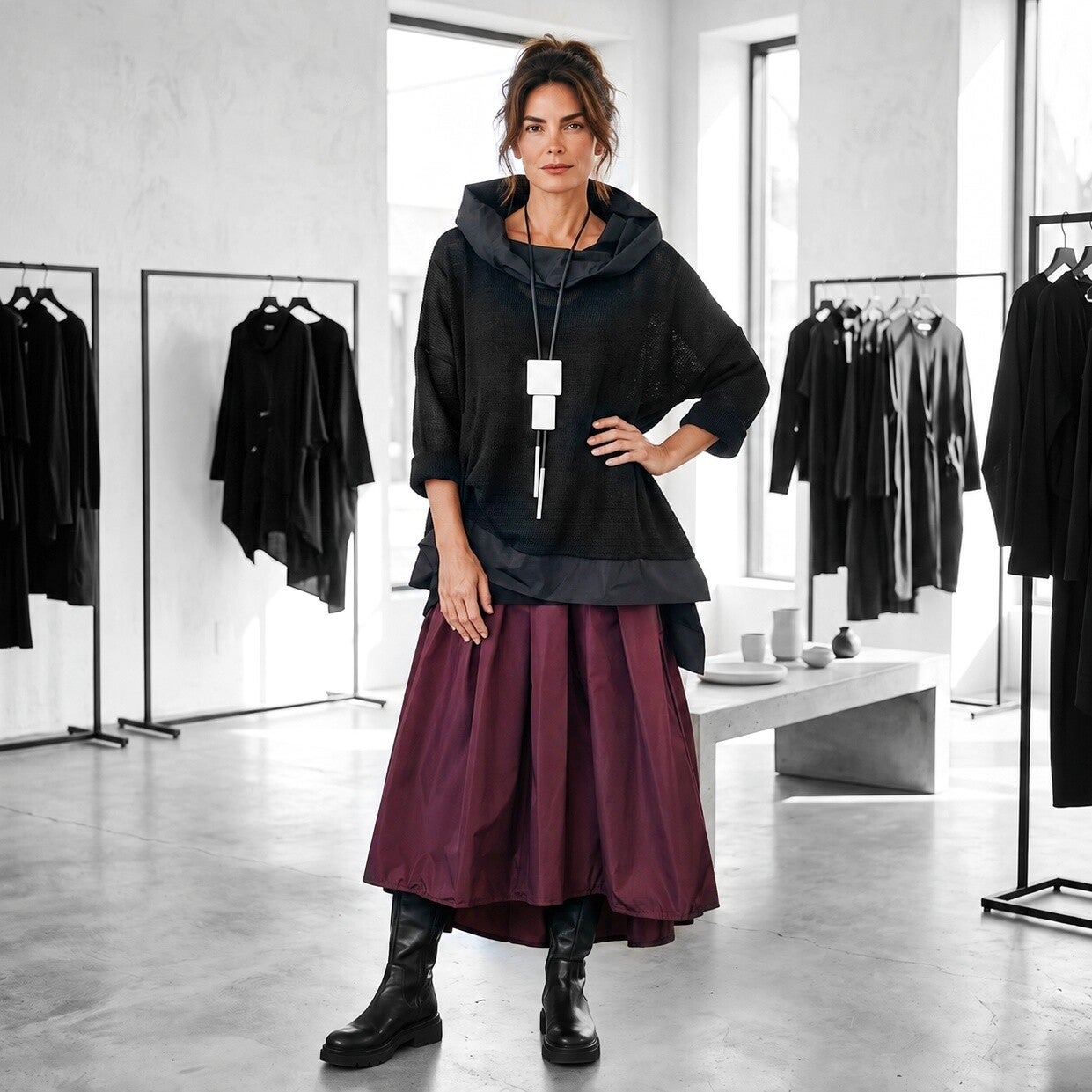eleganter Taft Rock "Aoki" mit Gummibund und Bindegürtel in aubergine