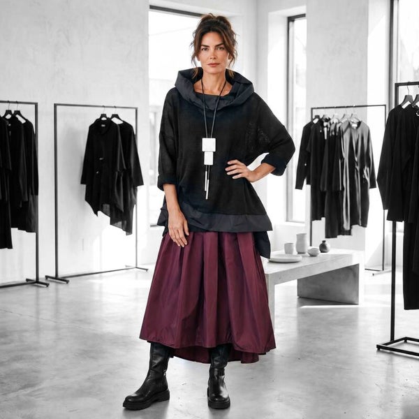 eleganter Taft Rock "Aoki" mit Gummibund und Bindegürtel in aubergine
