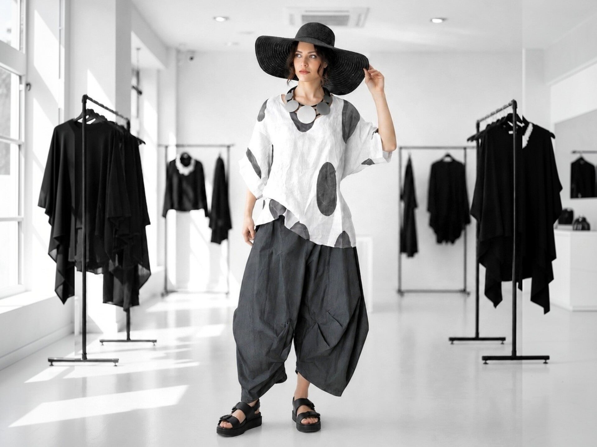 Ein Model präsentiert ein extravagantes Sommer Outfit bestehend aus einer weiten anthrazitfarbenden Ballon-Hose in Kombination mit einem lässigen weißen Obertel mit dunkelgraunen großen Punkten, außerdem trägt sie einen großen schwarzen Stroh-Hut