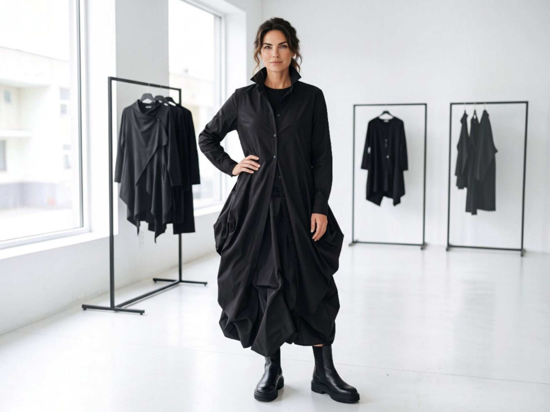 Ein Model präsentiert ein extravagantes schwarzes  Leinen outfit  im lässigen Lagenlook