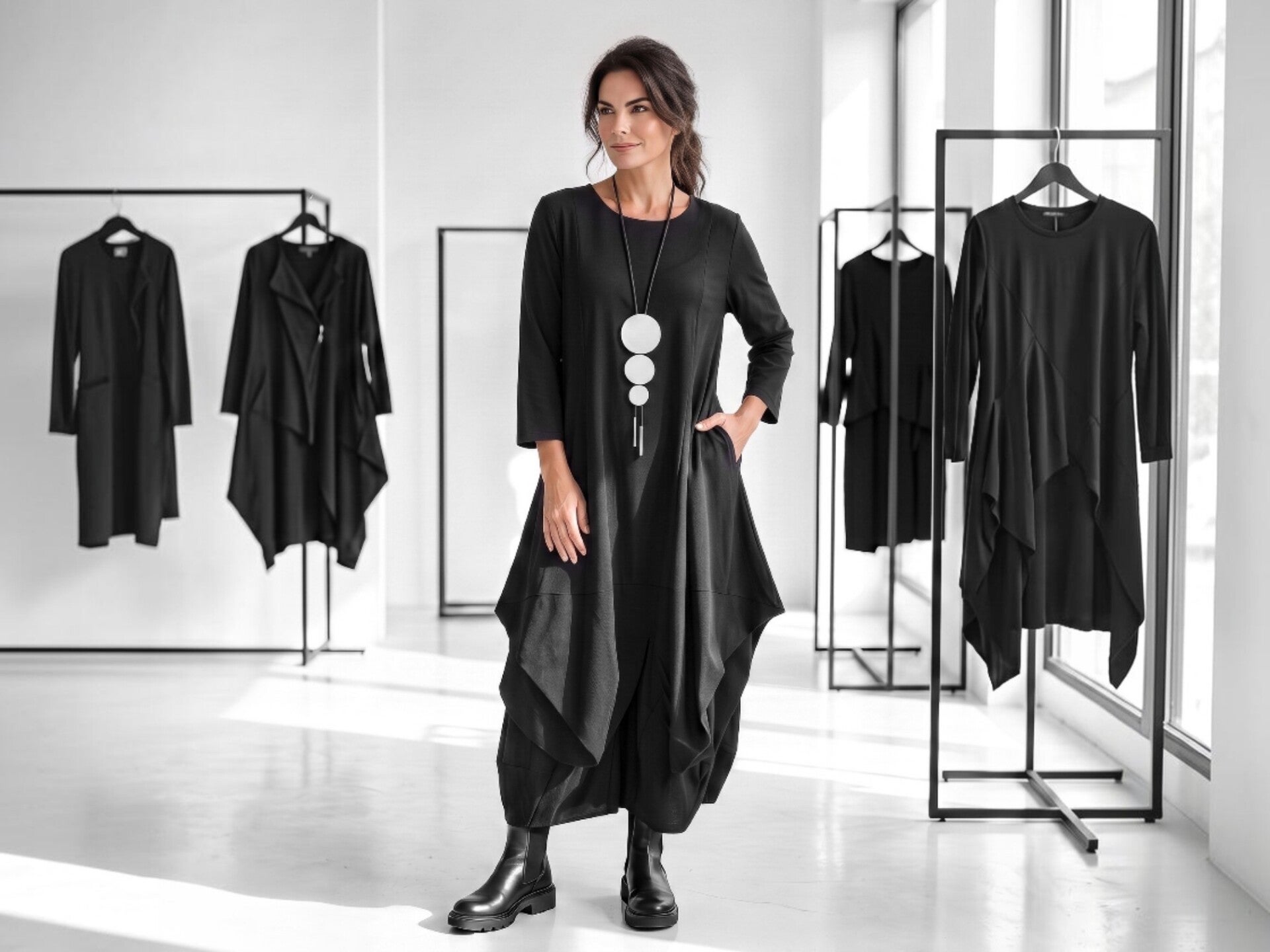 Ein Model trägt ein langes in A -Form geschnittenes , rotes Leinen Kleid mit apartem V-Ausschnitt