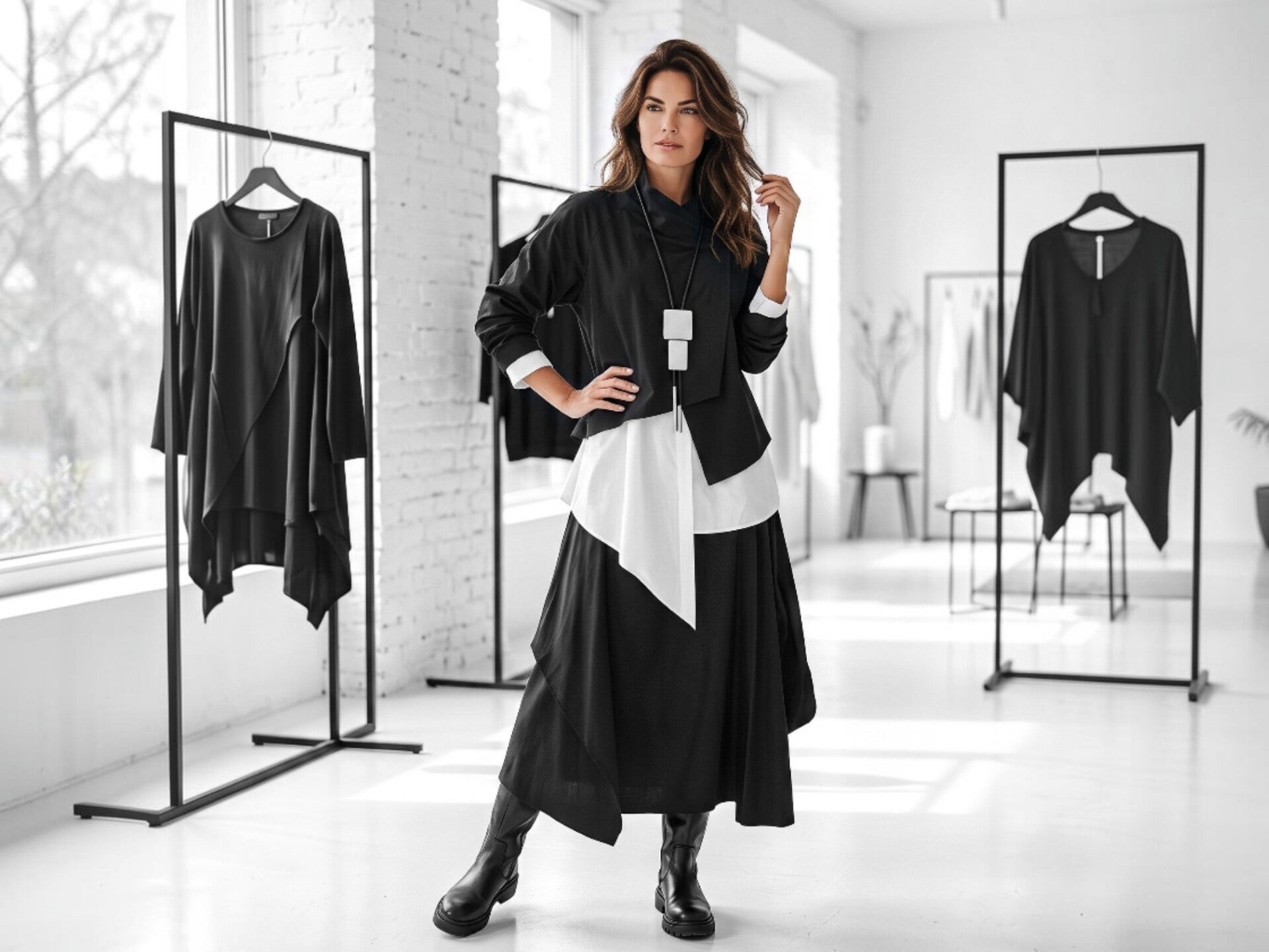 Eine attraktive Frau in Mitte der 40ziger Jahre steht in einer extravaganten Boutique und präsentiert eine lässige writ geschnittene Leinen Kombination in weiß und sandfarben.