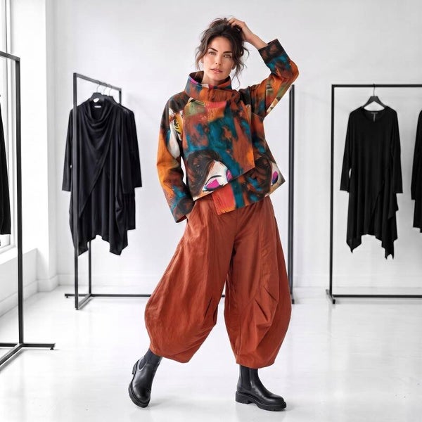 extravagante Jacke "Ikuto" mit Stehkragen und seitlichem Knopf in multicolour-rost