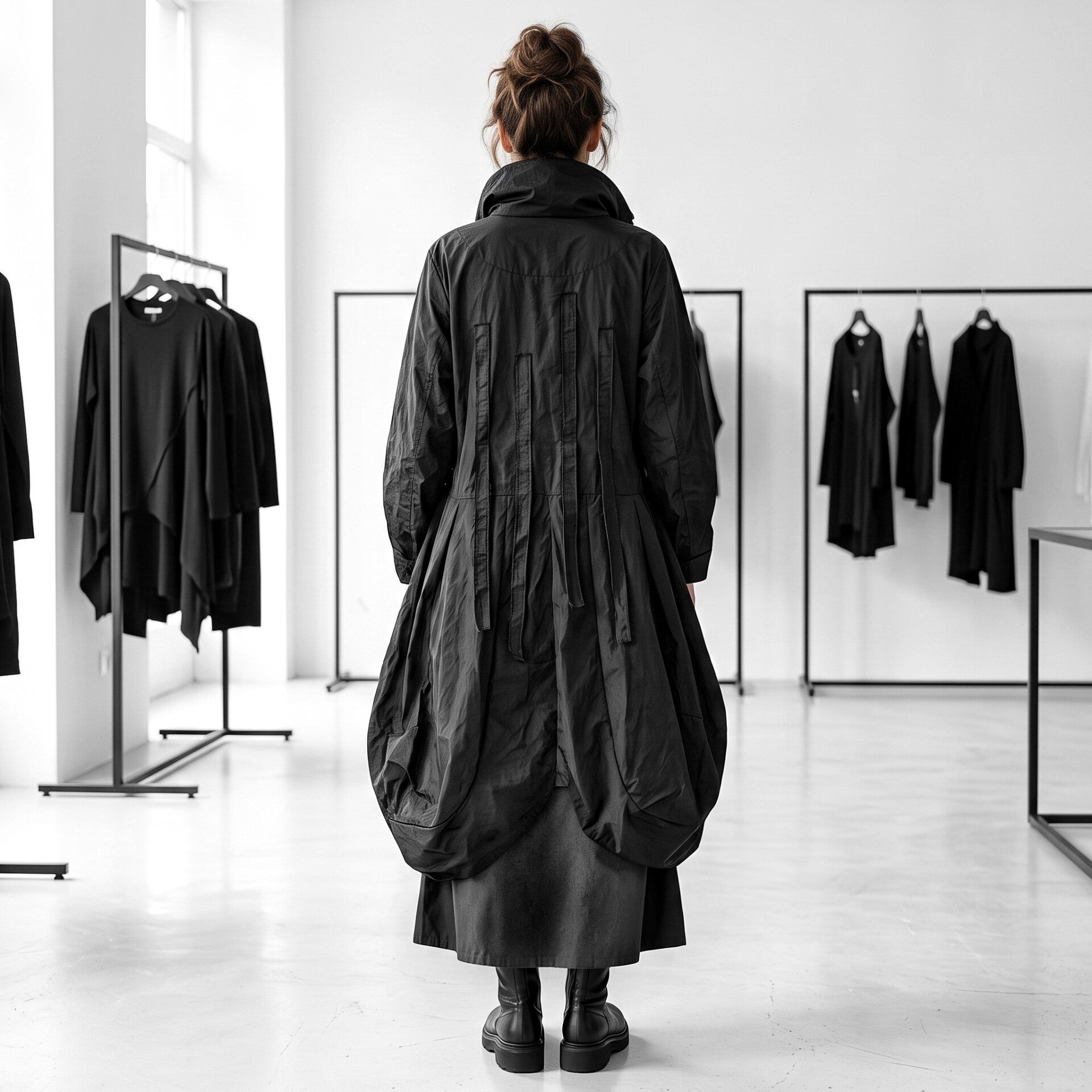 Ein Model trägt eine schwarze, elegante Kombination aus edelem Taft Material 