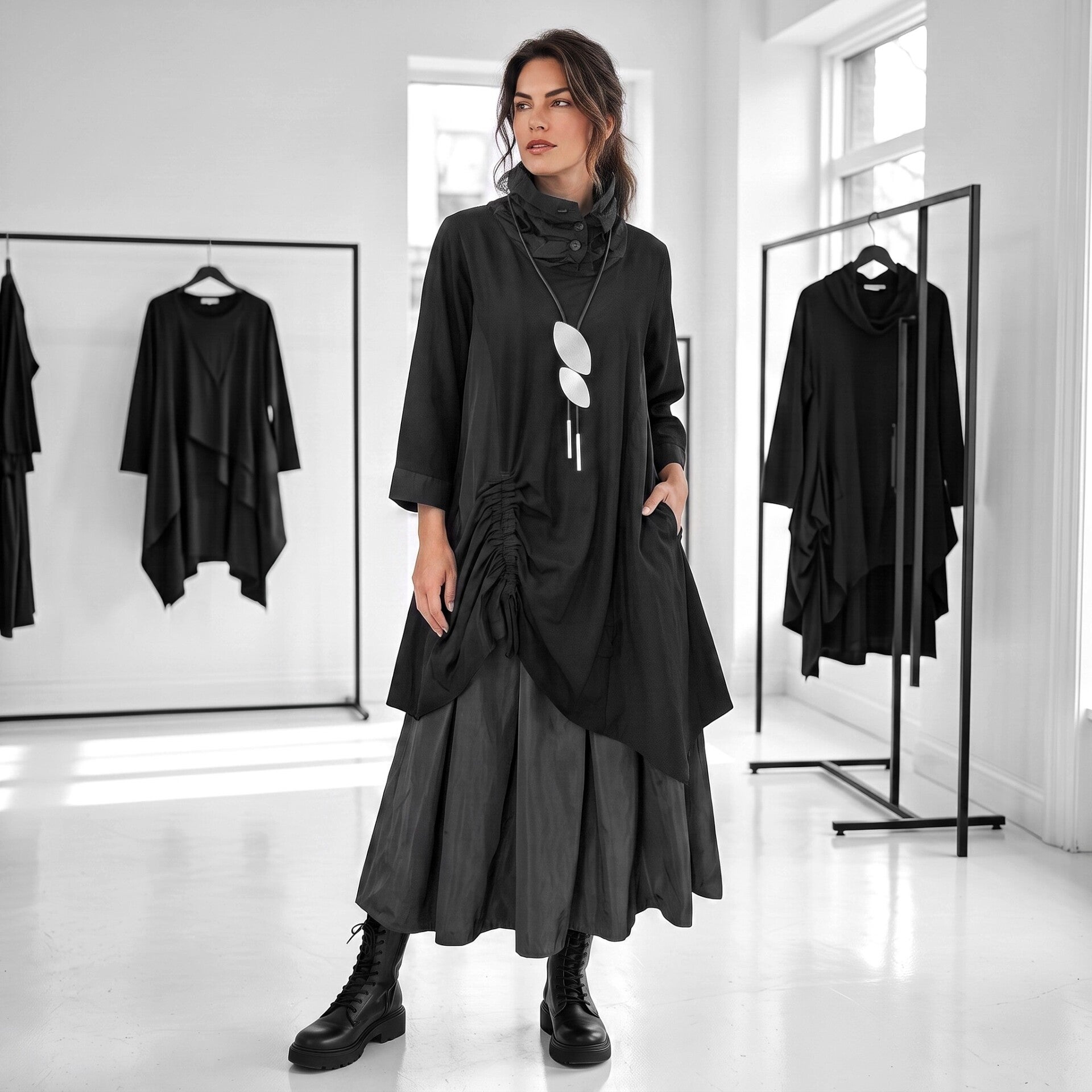 eleganter Taft-Rock "Aoki" mit Gummibund und Bindegürtel in graphit