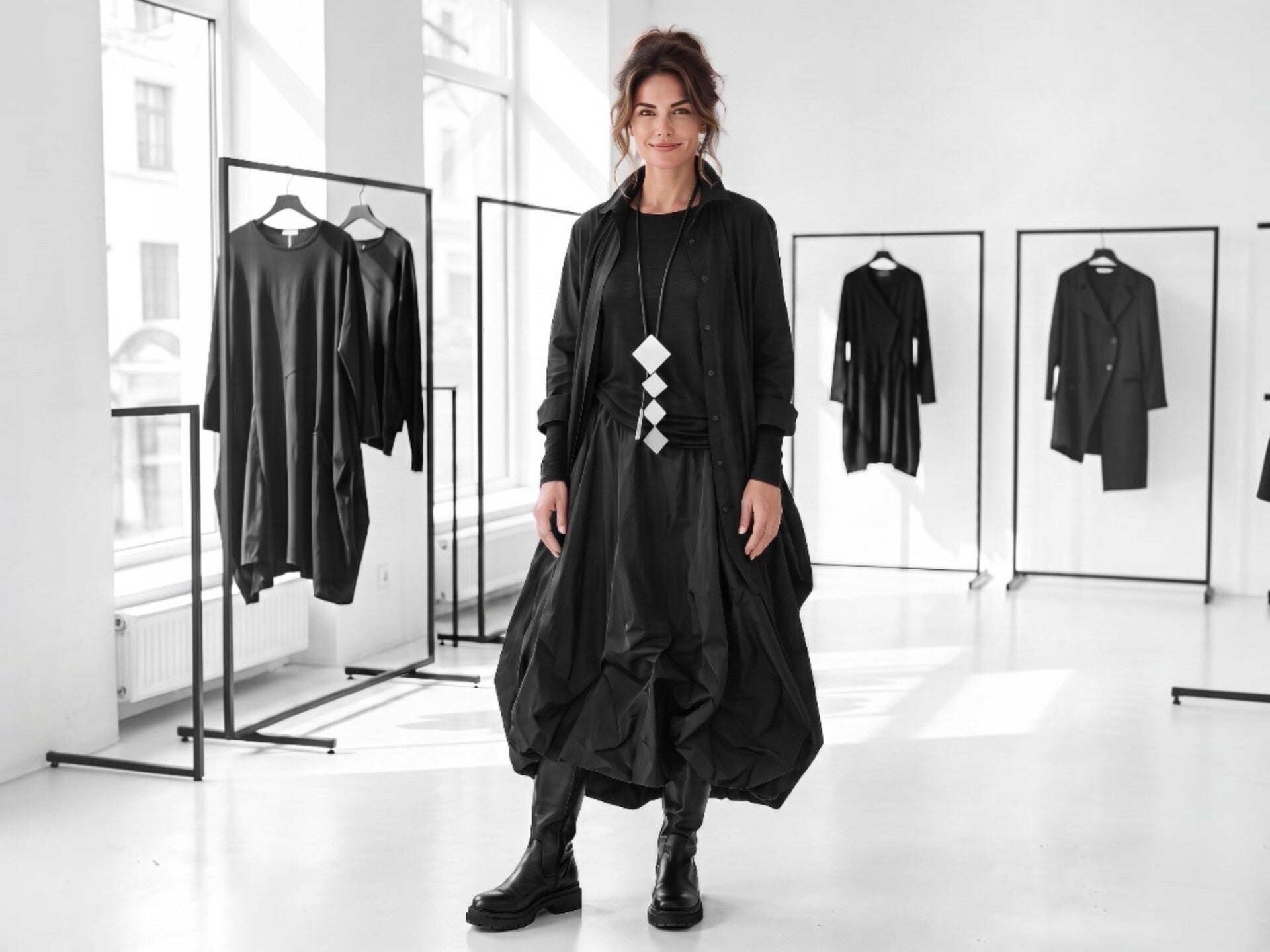 Eine hübsche Frau steht in einem avantgardistisch inspirierten schwarzen Kleid in einem exklusiven  Modegeschäft