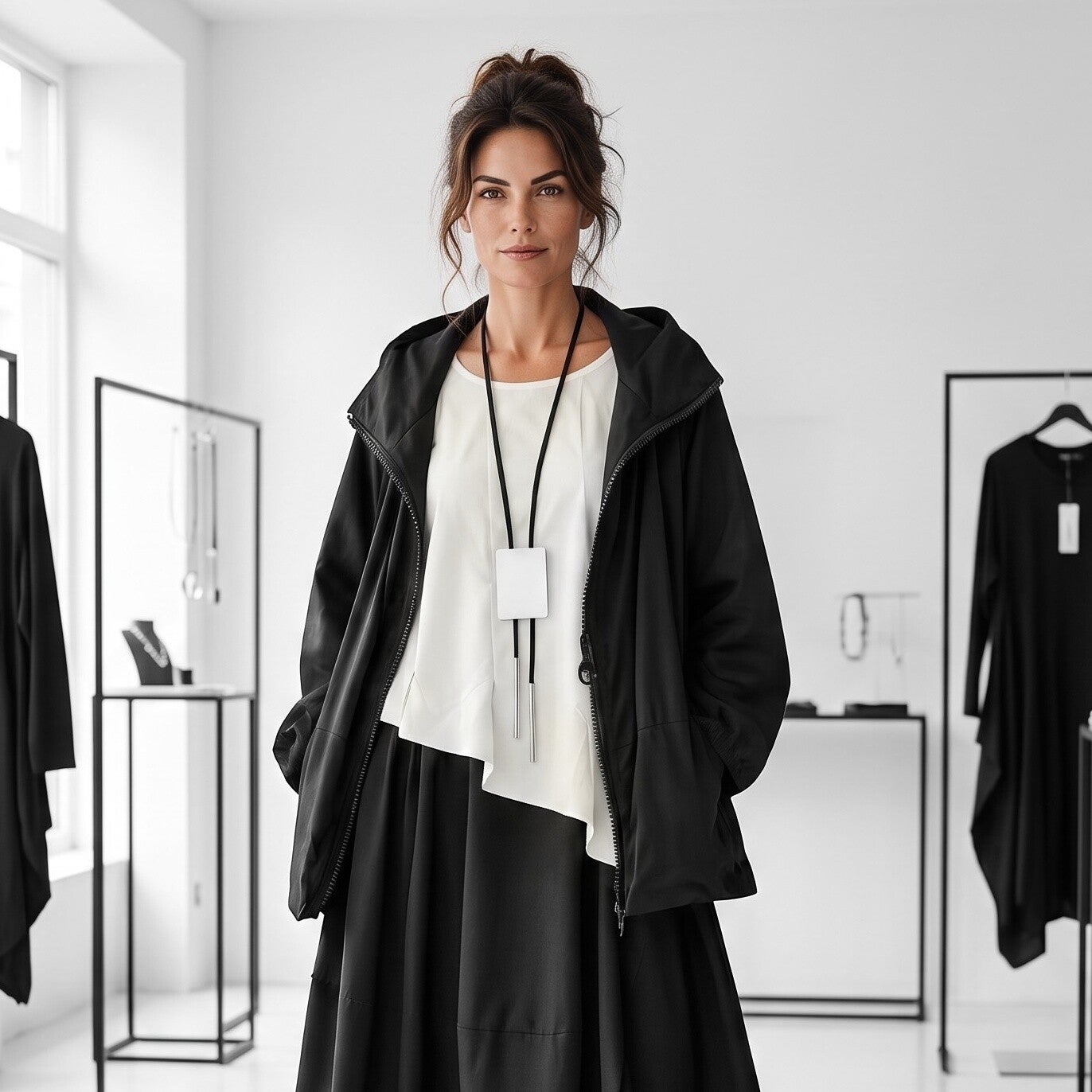 Oversized-Jacke mit leichtem Innenfutter und Stehkragen aus Memory Taft in schwarz