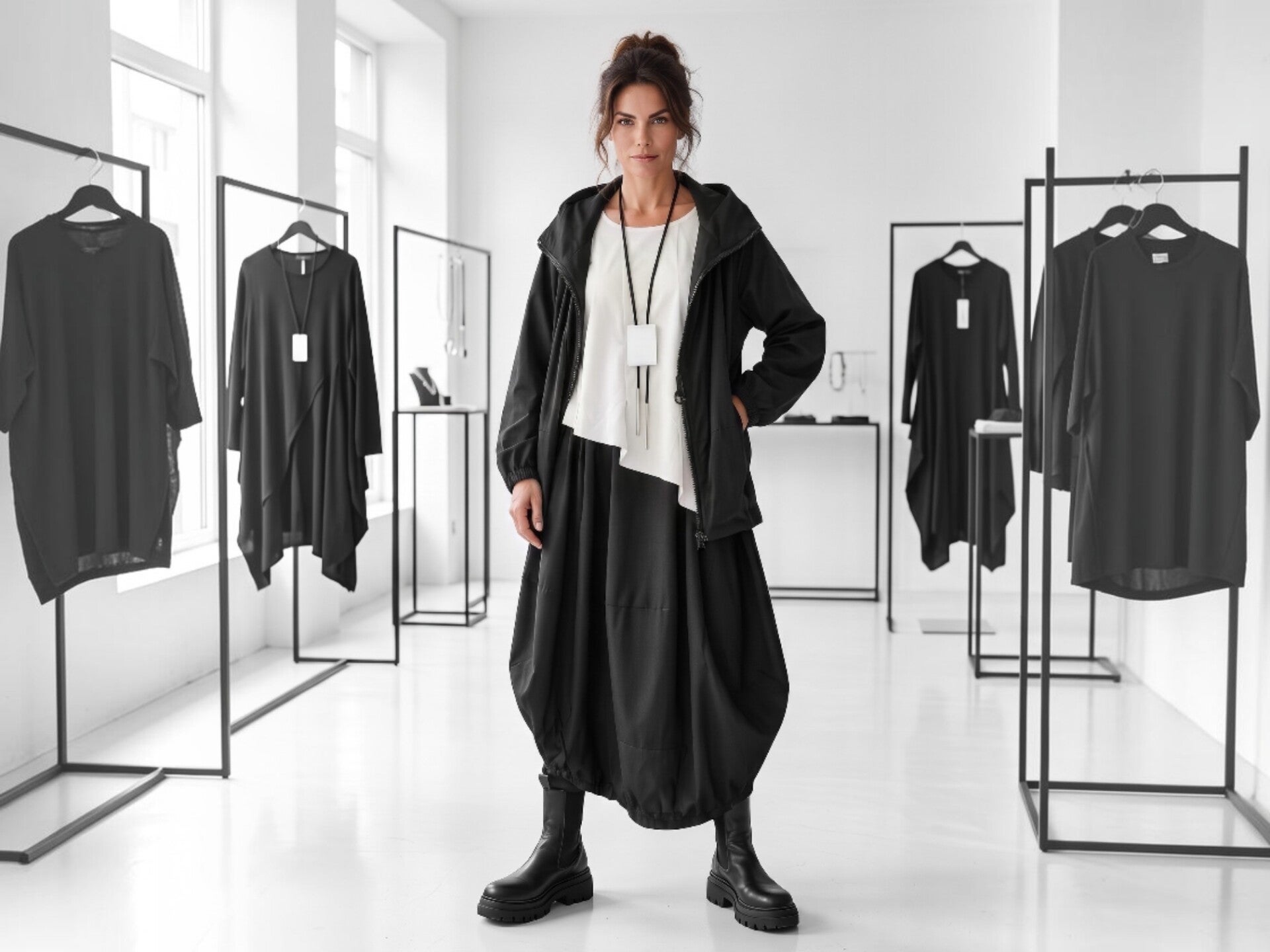 Eine sehr stilvoll gekleidete junge Frau steht erwartungsvoll in einer Boutique. Sie trägt ein sportives Outfit im modischen schwarz-weiß Look