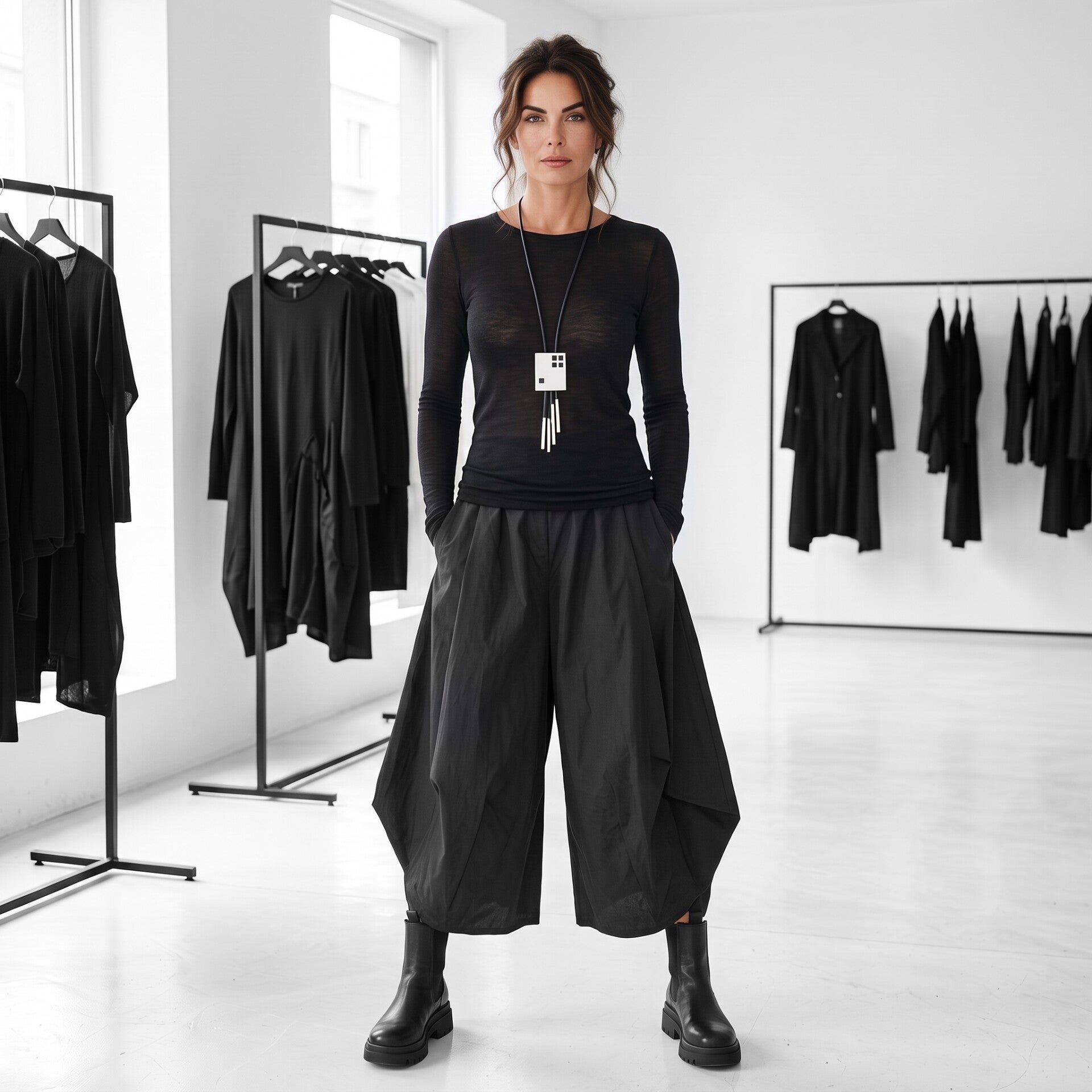 Ein elegantes Model präsentiert ein weit geschnittenes, schwarzes Leinenkleid in modischer A Linie und V Ausschnitt