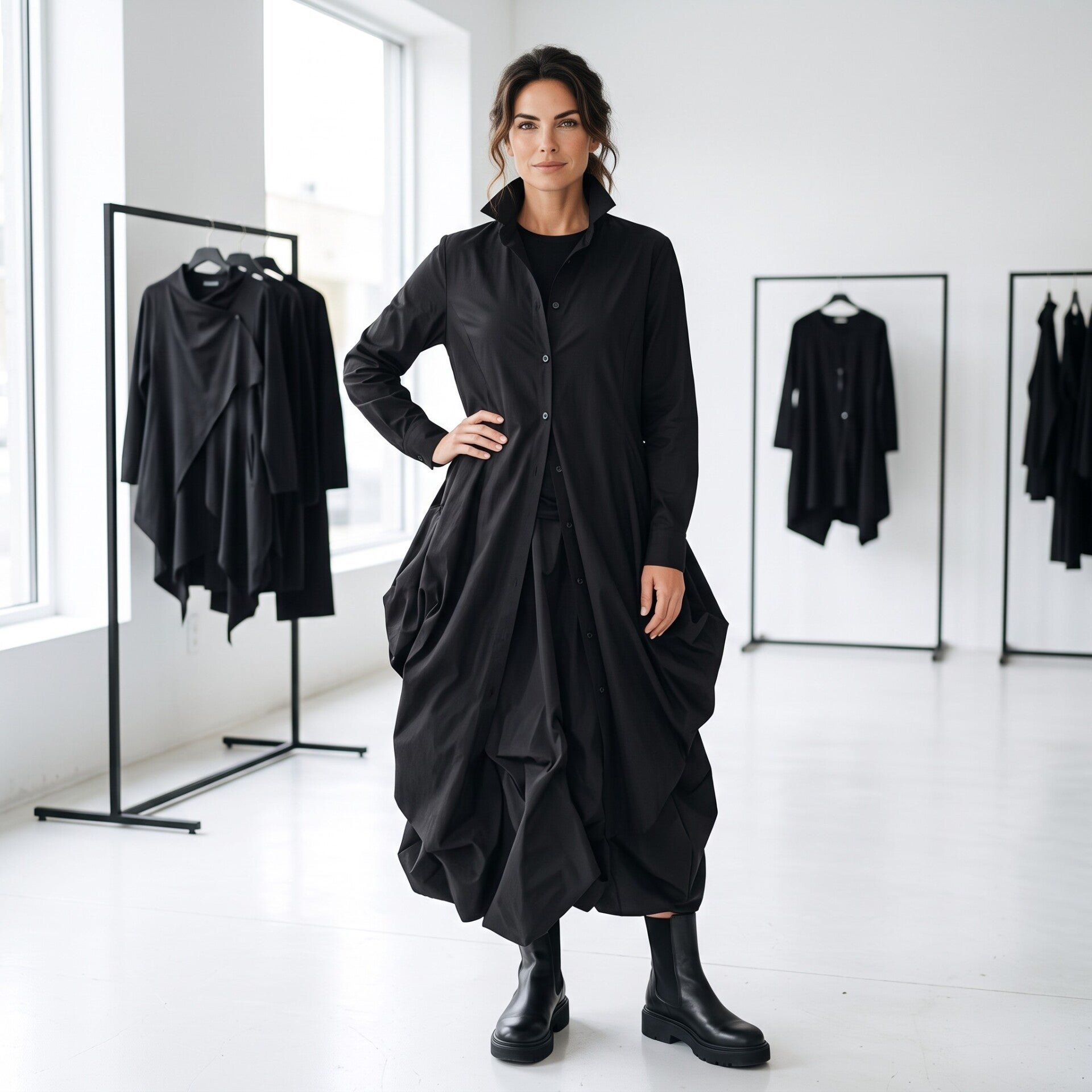 extravagantes Mantelkleid "Okaya" mit Kragen in schwarz