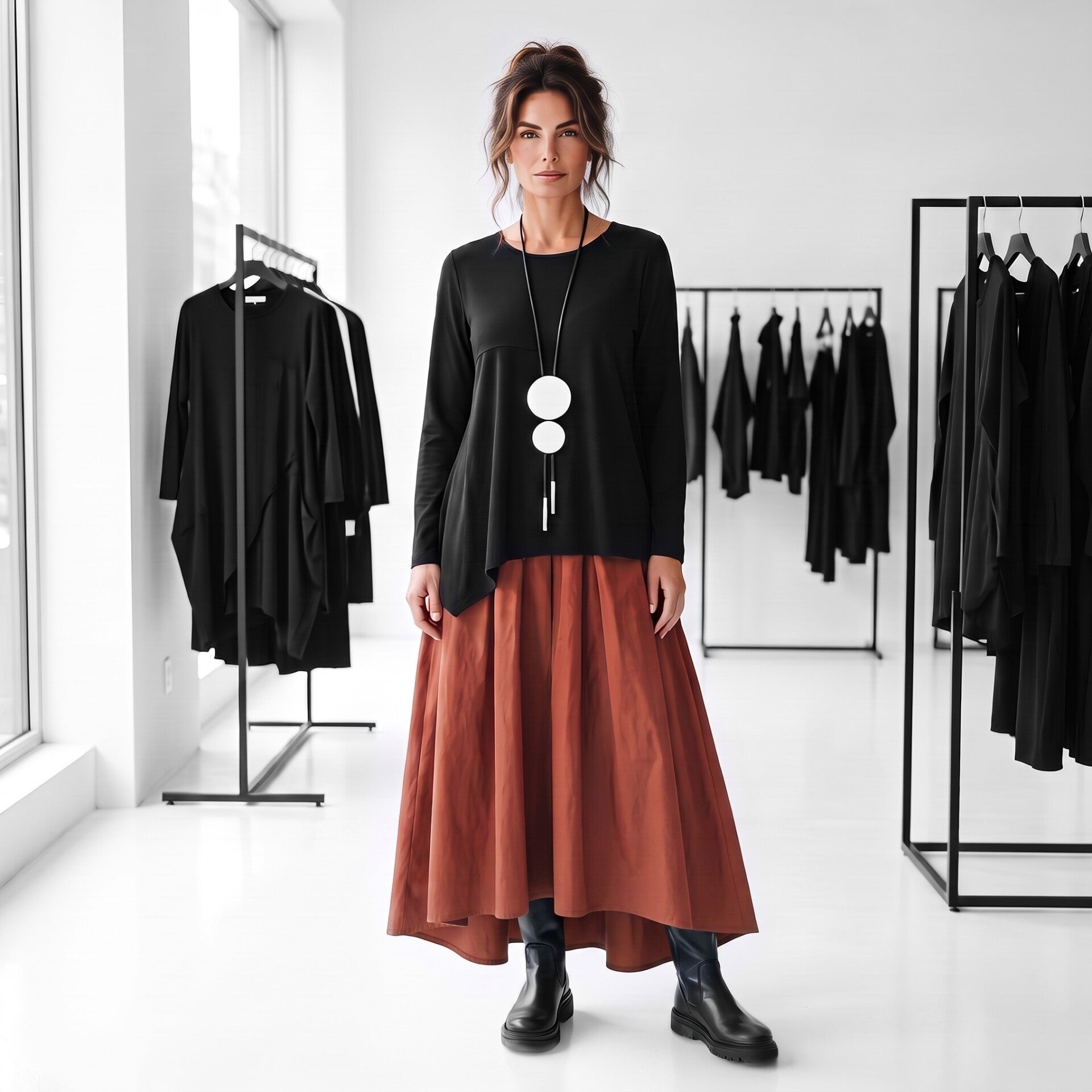 eleganter Taft Rock "Aoki" mit Gummibund und Bindegürtel in rostorange