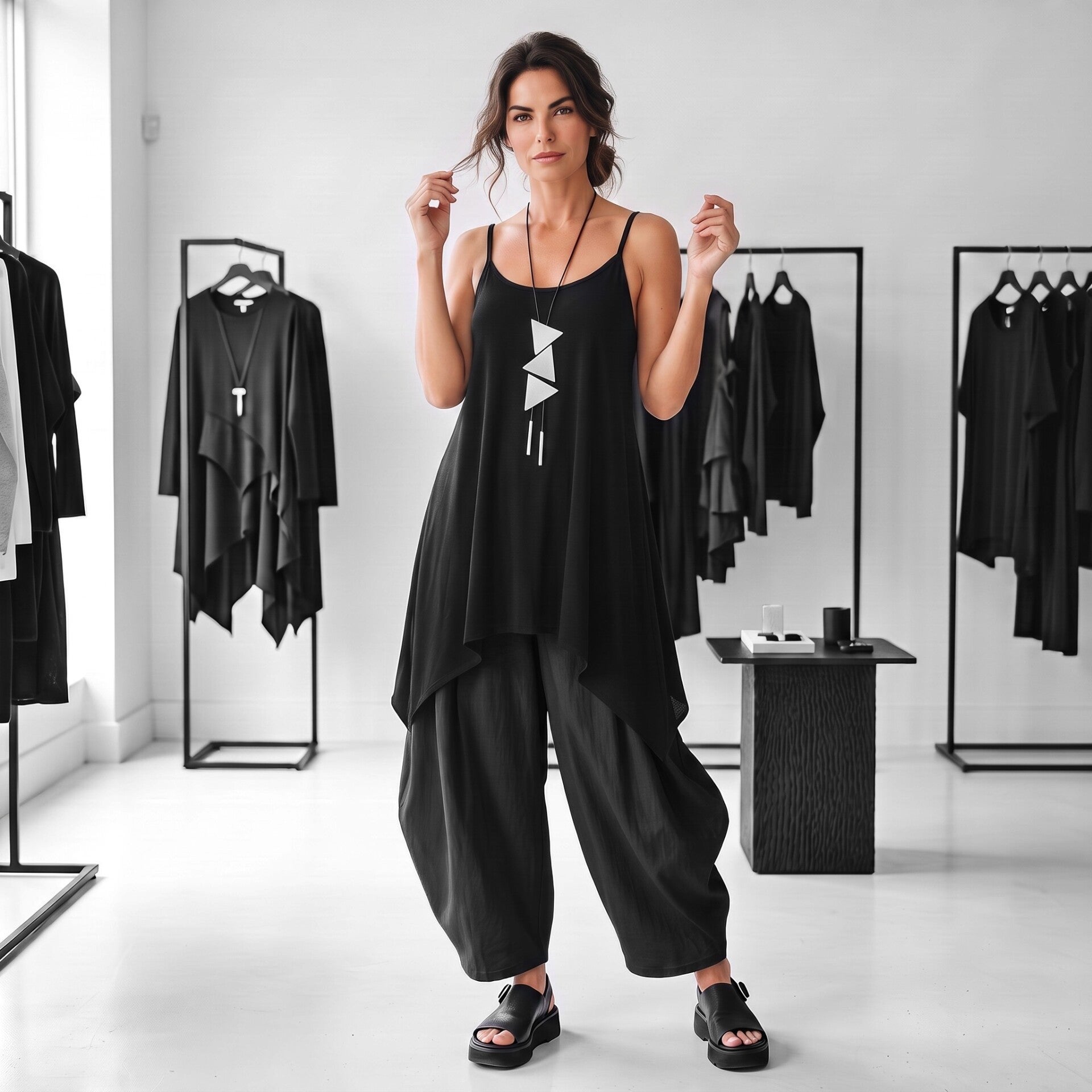 Träger-Top "magna"in A-Linie mit zipfeligem Verlauf in schwarz