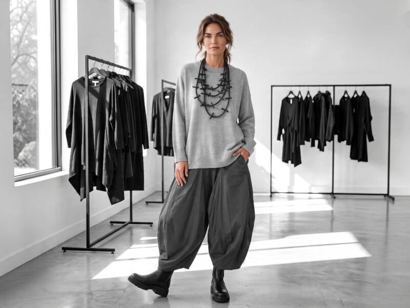 Das Model trägt einen silbergrauen Strickpulli, eine weite graphitfarbende Ballonhose und eine extravagante Lagenlookkette aus schwarzem "rubber"