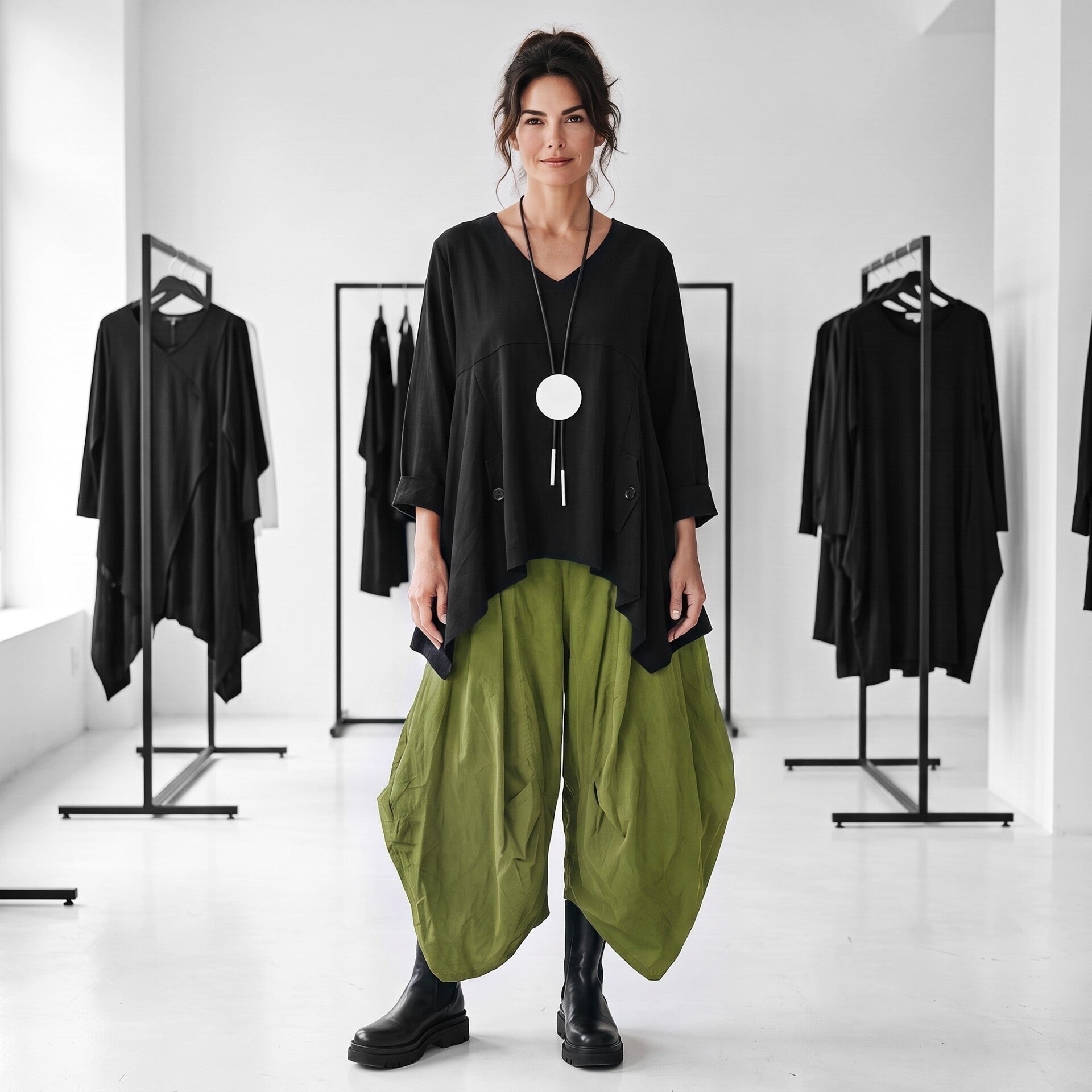 Ein  Model präsentiert ein schwarzes, zipfeliges Oberteil in Kombination mit einer weit geschnittenen, apfelgrünen Hose aus weichem Feinkord