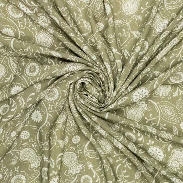 Viskosestoff paisley flower oliv/creme