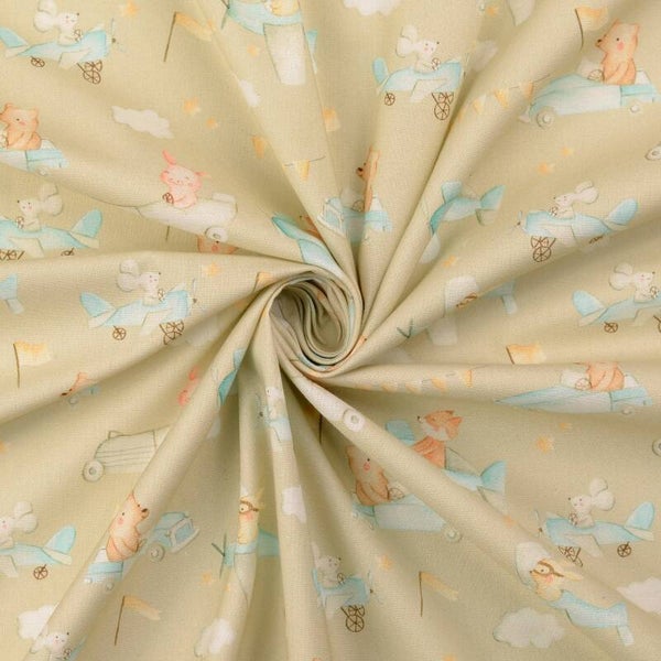 Baumwollstoff  beige Tiere in Autos und Flugzeugen