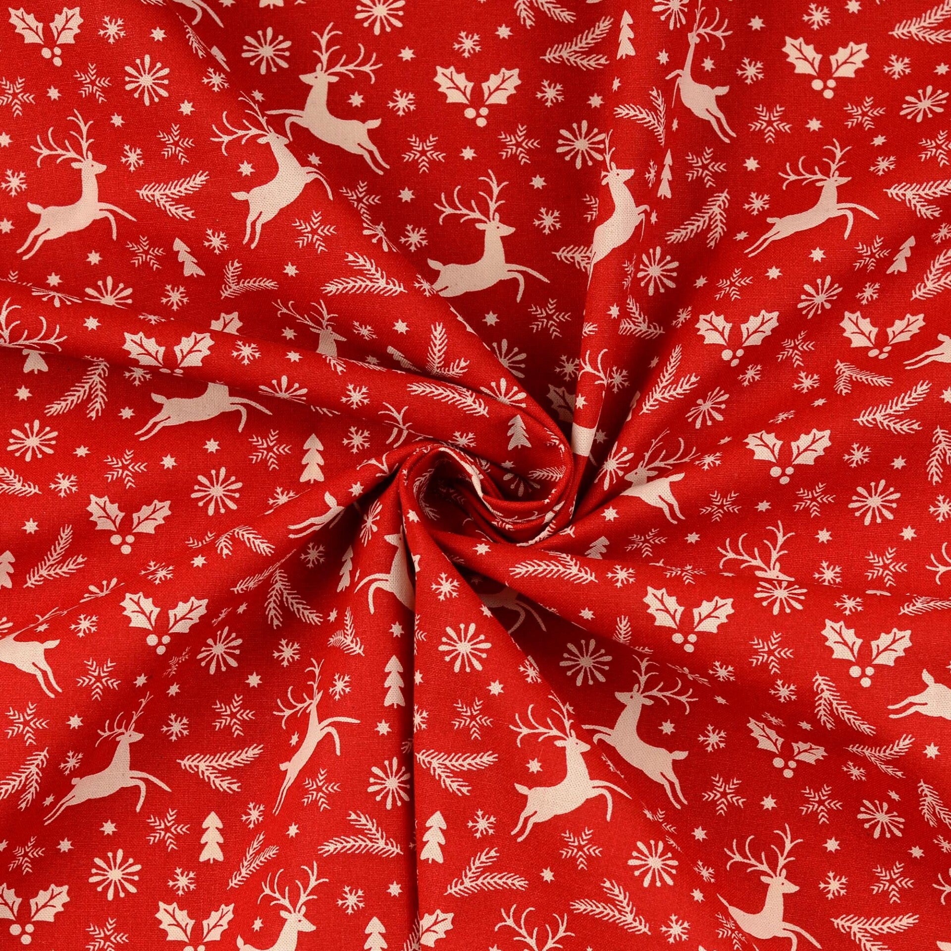 Baumwollstoff Weihnachten rot mit Hirschen